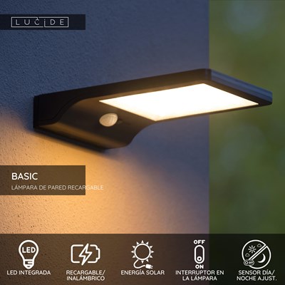 Lucide BASIC - Lámpara de pared - Energía solar - LED - 1x3W 2700K - IP44 - Sensor movimiento & día/noche - Negro